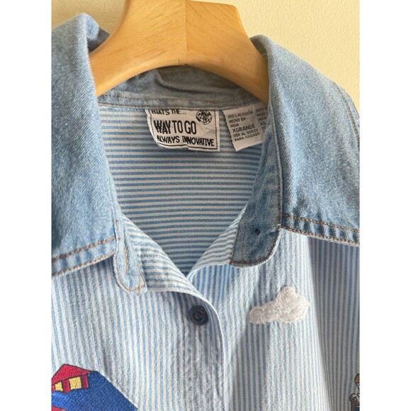 Vintage Chambray Embroidered Appliqué Button Down Shirt Farm Animals Striped XL - Picture 3 of 5